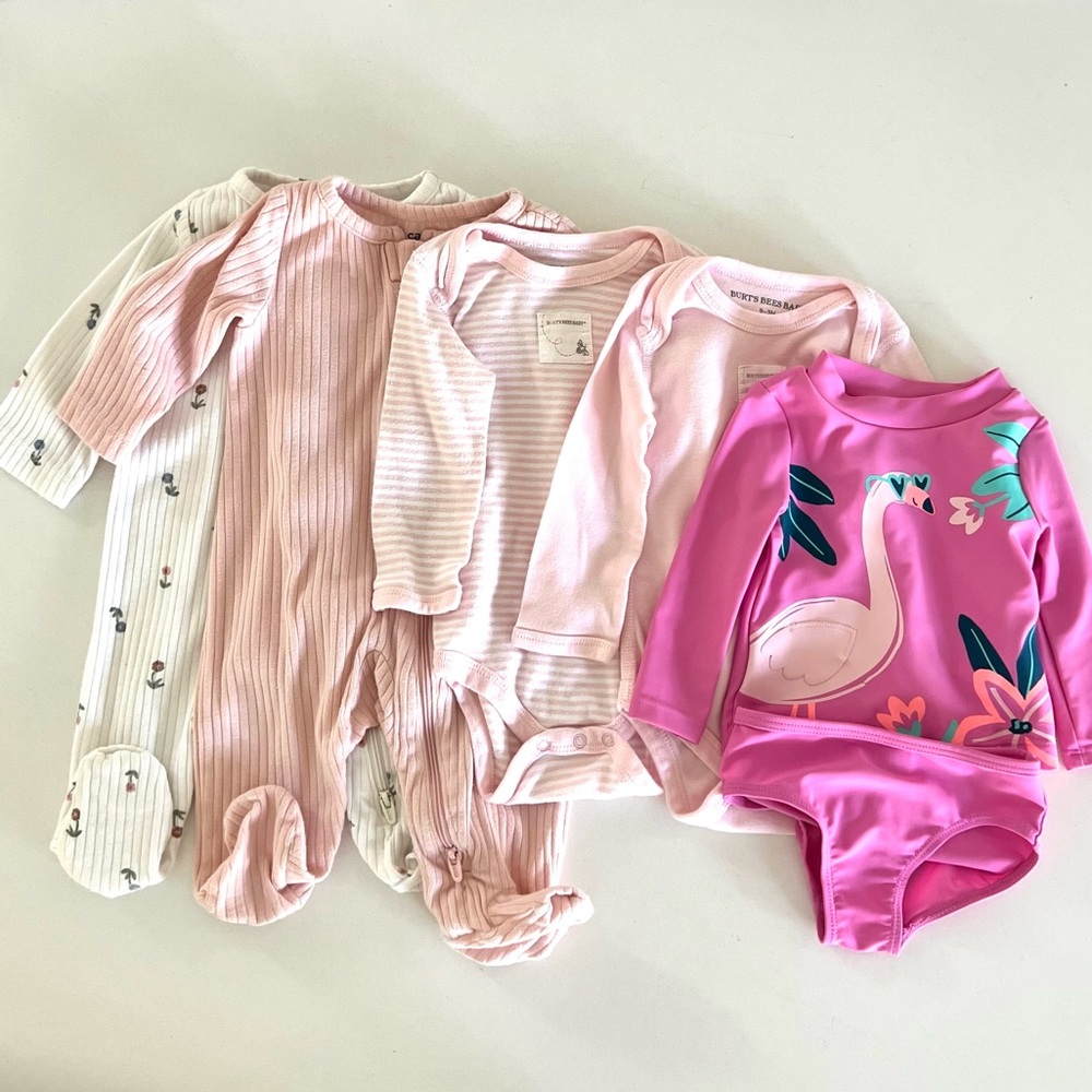 Lot of Burt's Bees & Carters Pink Striped Bodysuits, Onesies, Swimsuit 0-3 M 3 M